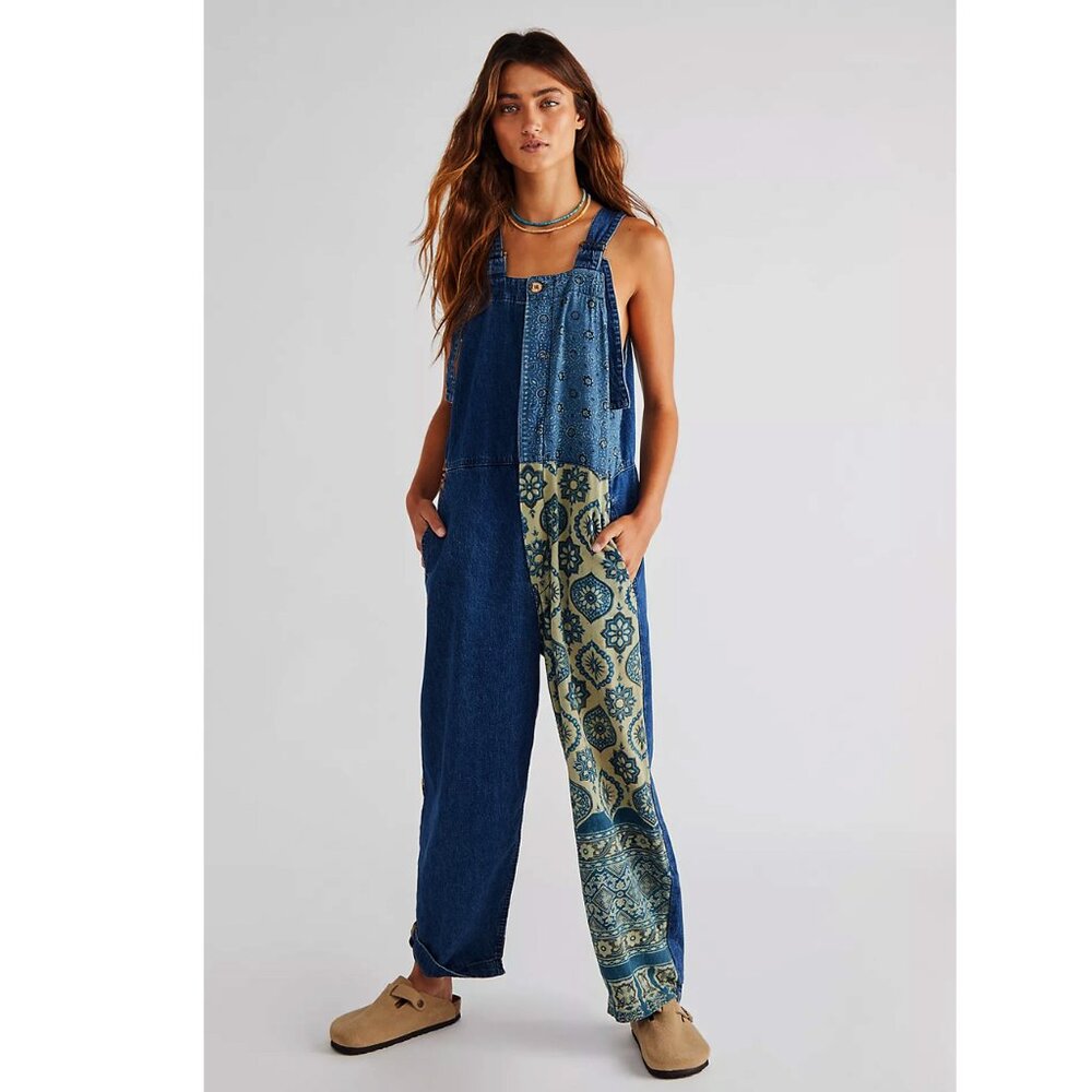 RARE Free People x Doctor Collectors Denim Patchwork Overalls Large 30